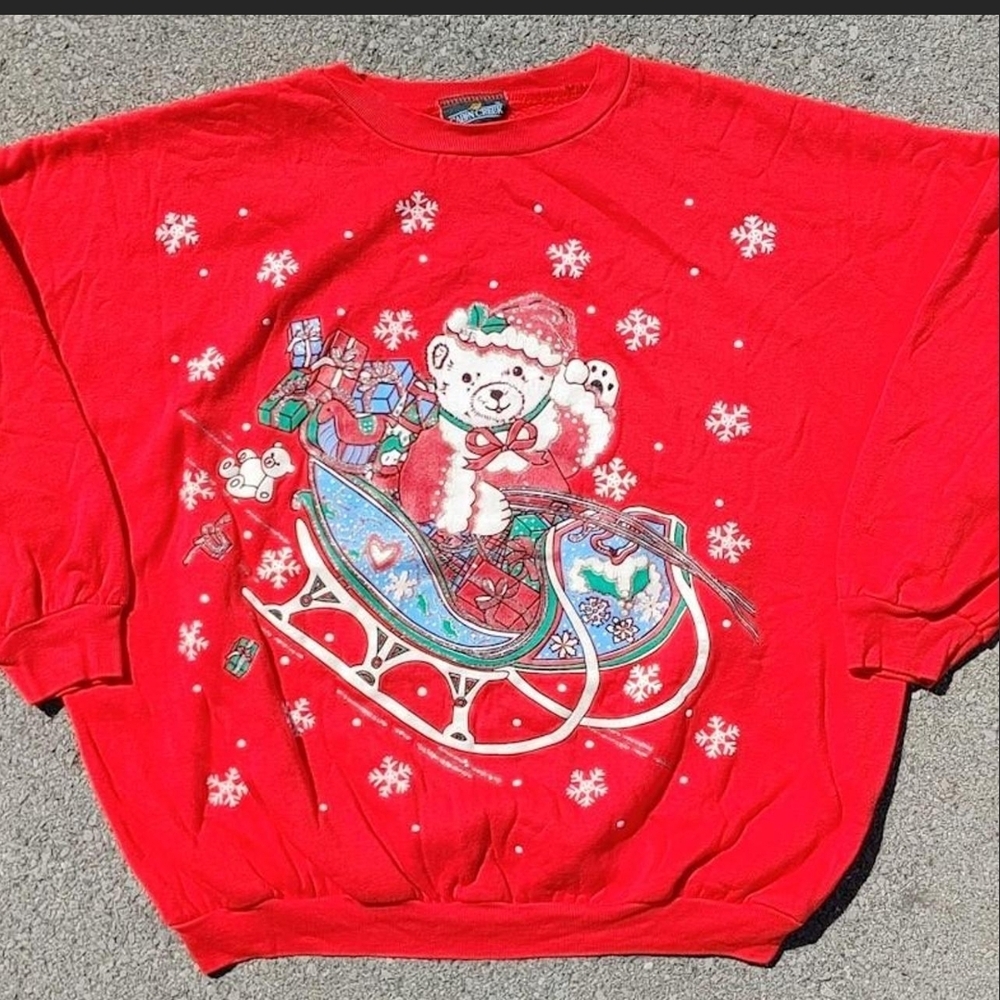 Vtg 90s Christmas White Teddy Bear  Print Cabin Creek Crew Neck Oversized Large